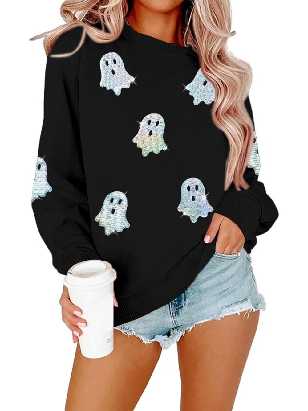 🆕 Women's Black Sequin Ghost Crewneck Halloween Spooky Sweatshirt Graphic Top
